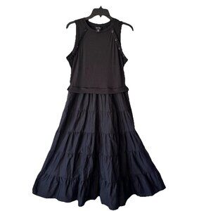 Nicole Miller NY Mixed Media Midi Tiered Dress XL Black Lightweight Pockets